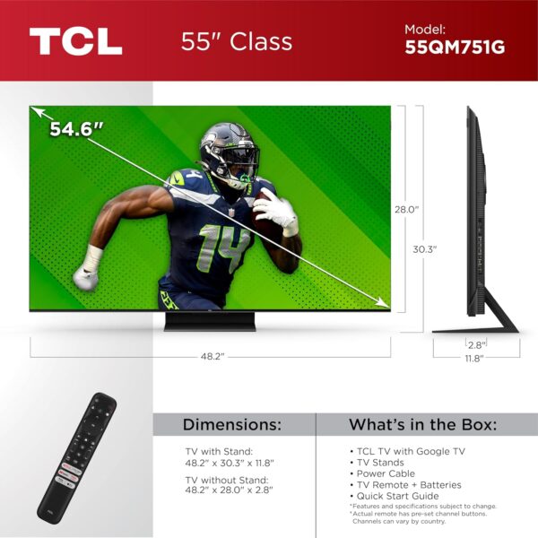 TCL 55-Inch QM7 QLED 4K Smart QD-Mini LED TV with Google TV (55QM751G, 2024 Model) Dolby Vision IQ, Dolby Atmos, HDR, Game Accelerator up to 120Hz, Voice Remote, Works with Alexa, Streaming Television - Image 3